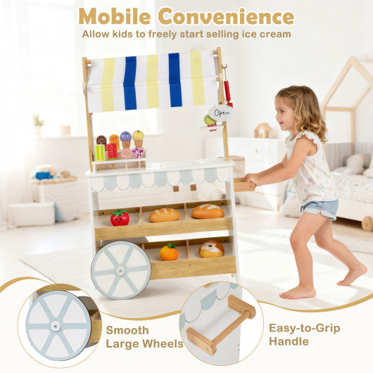 Wooden Ice Cream Cart for Kids 2-in-1 Grocery Store Playset with Display Shelves-White