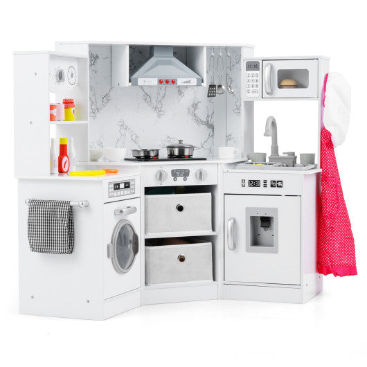 Wooden Kids Play Kitchen Playset with Realistic Lights and Sounds-White