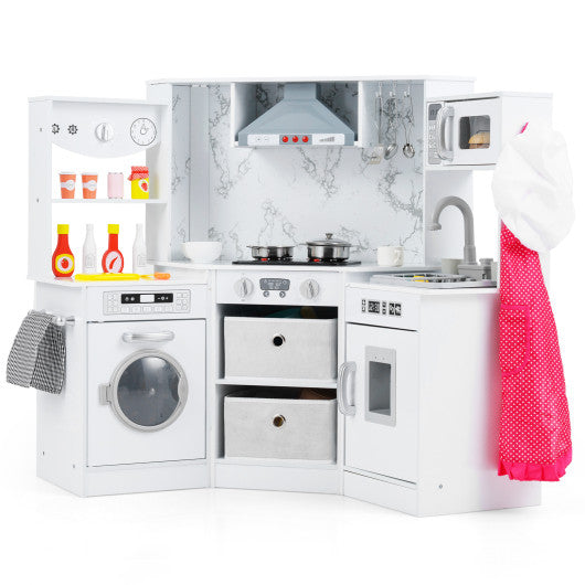 Wooden Kids Play Kitchen Playset with Realistic Lights and Sounds-White