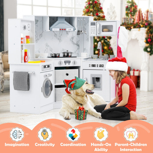 Wooden Kids Play Kitchen Playset with Realistic Lights and Sounds-White