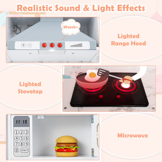 Wooden Kids Play Kitchen Playset with Realistic Lights and Sounds-White