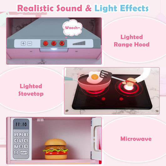 Wooden Kids Play Kitchen Playset with Realistic Lights and Sounds-Pink