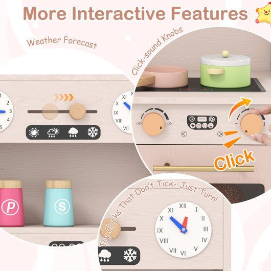 Wooden Kids Pretend Play Toy Kitchen with Microwave and Coffee Maker for Boys & Girls Ages 3+-Pink