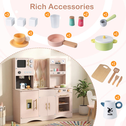 Wooden Kids Pretend Play Toy Kitchen with Microwave and Coffee Maker for Boys & Girls Ages 3+-Pink