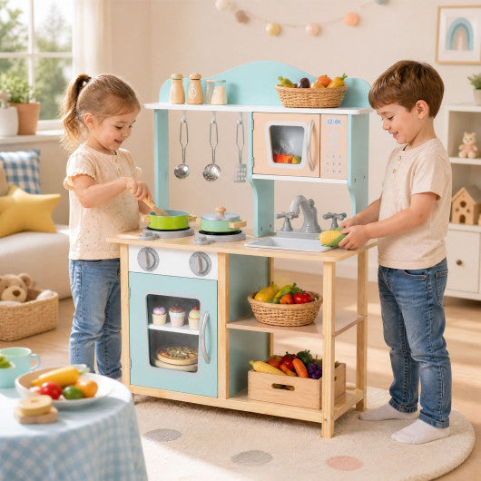 Wooden Kids Pretend Play Kitchen Playset with Sink Faucet Oven and Utensils-Blue