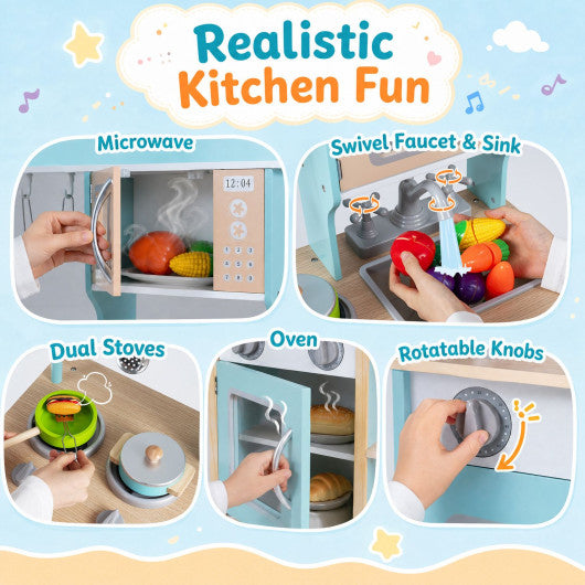 Wooden Kids Pretend Play Kitchen Playset with Sink Faucet Oven and Utensils-Blue