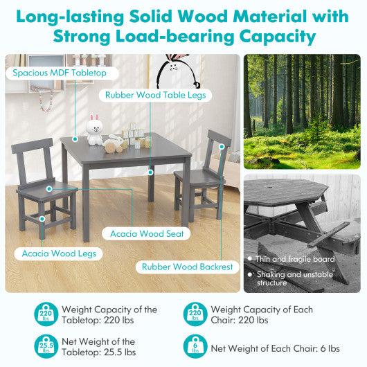 Wooden Kids Table and 2 Chairs Set with Anti-slip Foot Pads-Gray