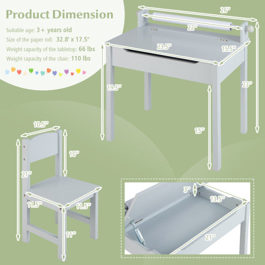 Wooden Kids Table and Chair Set with Storage and Paper Roll Holder-Gray
