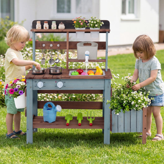 Wooden Mud Kitchen Set with Running Water Faucet Tank-Blue