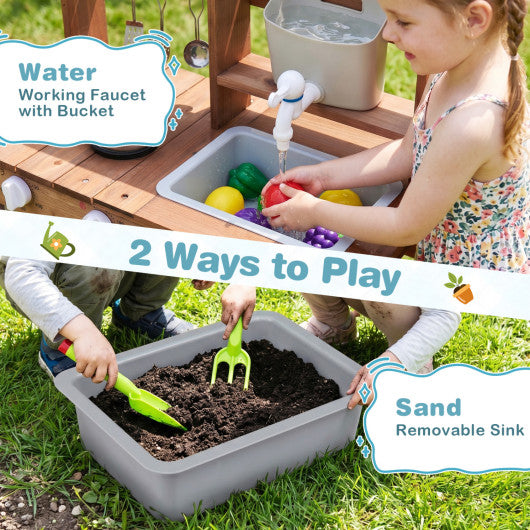 Wooden Mud Kitchen Set with Running Water Faucet Tank-Blue