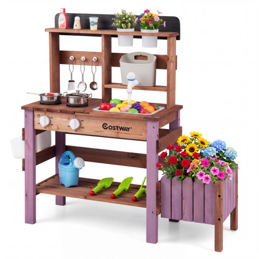 Wooden Mud Kitchen Set with Running Water Faucet Tank-Purple