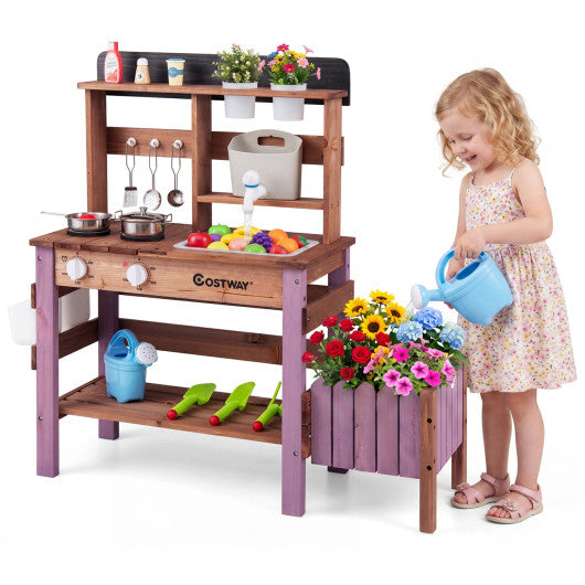 Wooden Mud Kitchen Set with Running Water Faucet Tank-Purple