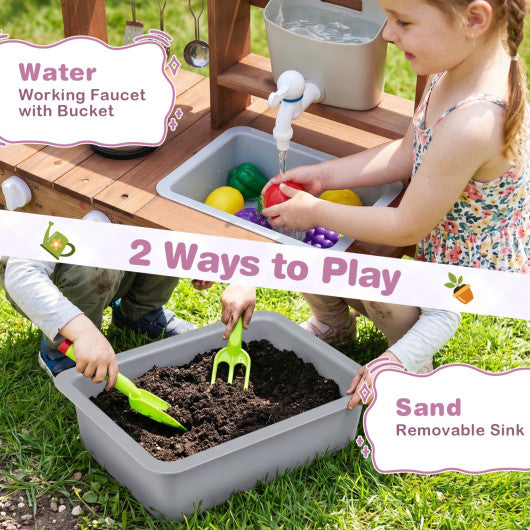 Wooden Mud Kitchen Set with Running Water Faucet Tank-Purple