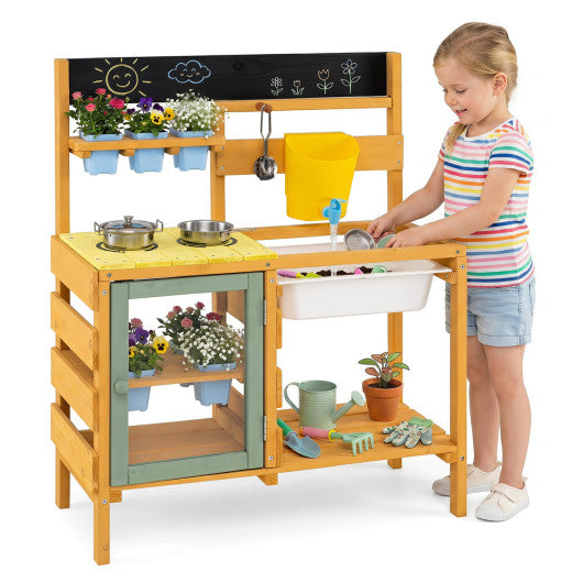 Wooden Mud Kitchen for Toddlers with Faucet and Water Tank-Yellow