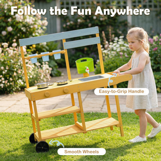 Wooden Outdoor Mud Kitchen for Kids with Flowerpots and Wheels-Yellow