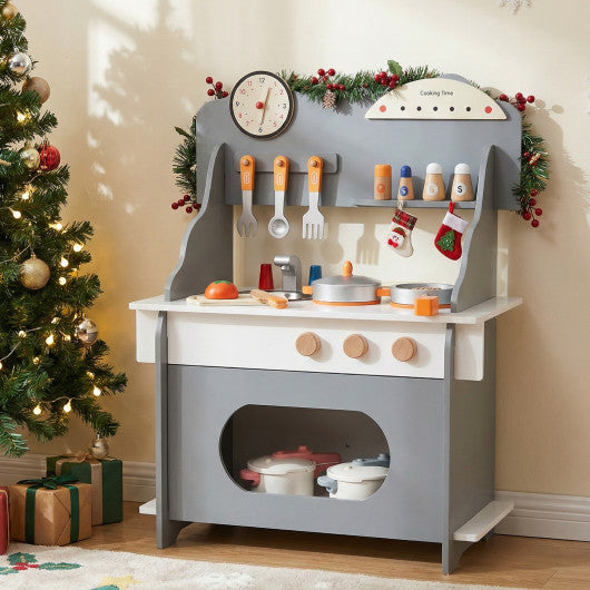Wooden Play Kitchen for Kids Pretend Play Toy Kitchen Set with Clock Gift for Boys and Girls 3 +-Gray
