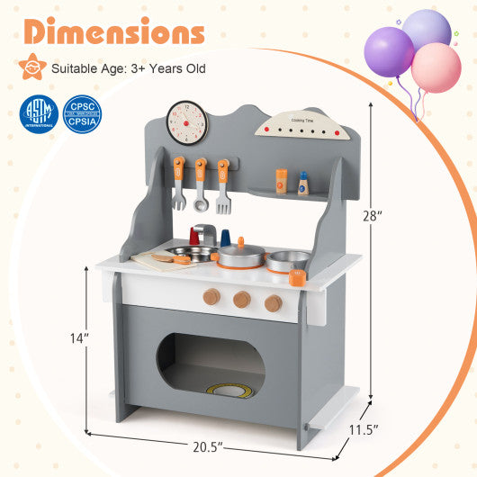 Wooden Play Kitchen for Kids Pretend Play Toy Kitchen Set with Clock Gift for Boys and Girls 3 +-Gray