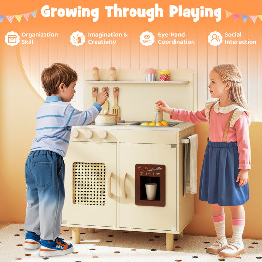 Wooden Pretend Kitchen Playset with Realistic Ice Maker-Yellow