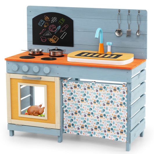 Wooden Toy Kitchen Playset with Removable Circulation Faucet and Cooking Accessories-Blue