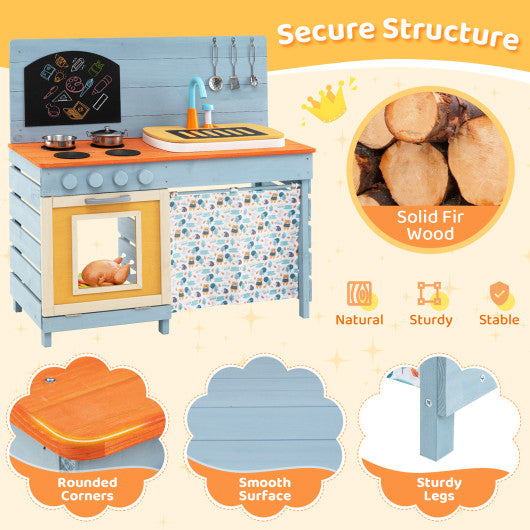 Wooden Toy Kitchen Playset with Removable Circulation Faucet and Cooking Accessories-Blue