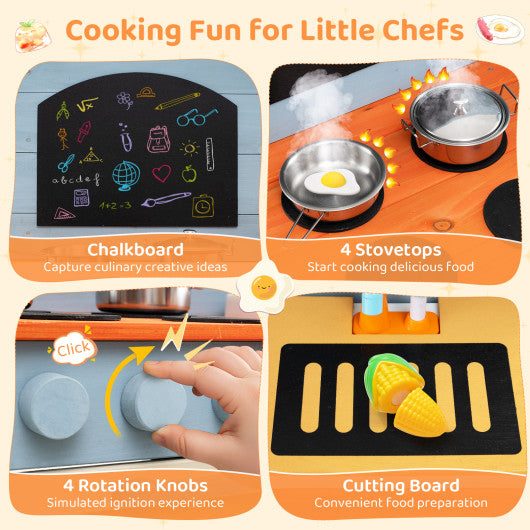 Wooden Toy Kitchen Playset with Removable Circulation Faucet and Cooking Accessories-Blue