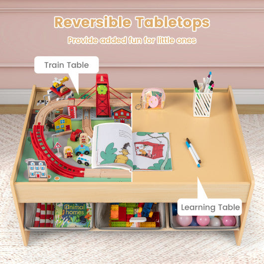 Wooden Train Set Table Kids Multipurpose Activity Play Table with 2 Reversible Tabletops-Gray
