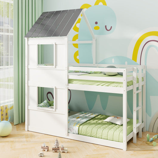 Wooden Twin Over Twin Bunk Bed with Full-length Safety Guardrail and Ladder-White and Gray