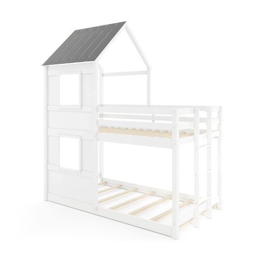 Wooden Twin Over Twin Bunk Bed with Full-length Safety Guardrail and Ladder-White and Gray
