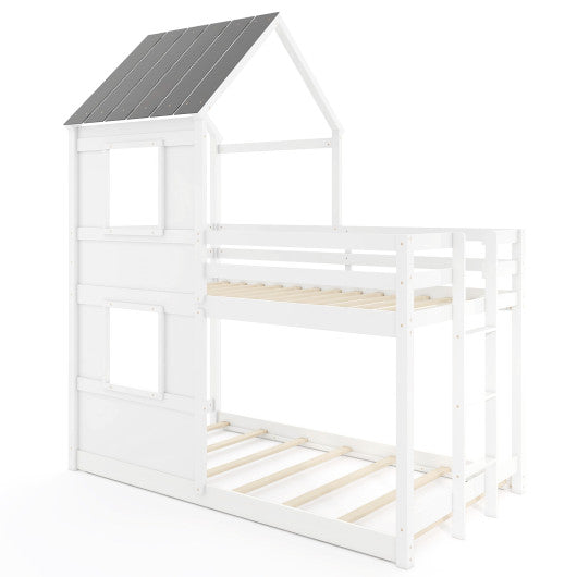 Wooden Twin Over Twin Bunk Bed with Full-length Safety Guardrail and Ladder-White and Gray