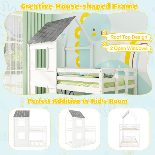 Wooden Twin Over Twin Bunk Bed with Full-length Safety Guardrail and Ladder-White and Gray