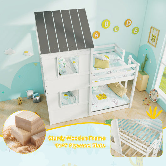 Wooden Twin Over Twin Bunk Bed with Full-length Safety Guardrail and Ladder-White and Gray