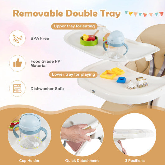 4-in-1 Foldable Baby High Chair with 7 Adjustable Heights and Free Toys Bar-Yellow