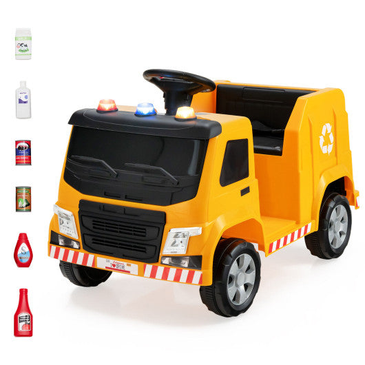 12V Kids Ride-on Garbage Truck with Warning Lights and 6 Recycling Accessories-Yellow
