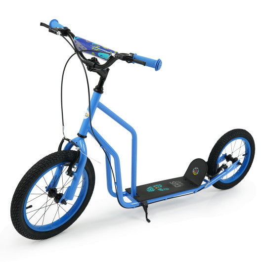 Youth Scooter with Adjustable Handlebar and 16/14-Inch Inflatable Wheels for Age 8+ Years Old-Blue