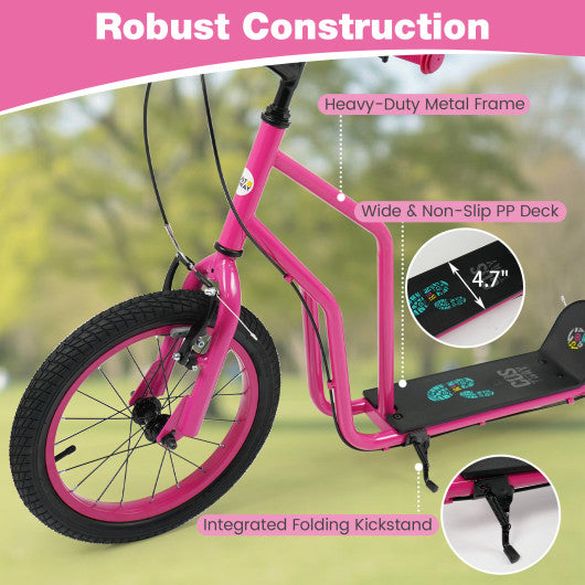 Youth Scooter with Adjustable Handlebar and 16/14-Inch Inflatable Wheels for Age 8+ Years Old-Pink