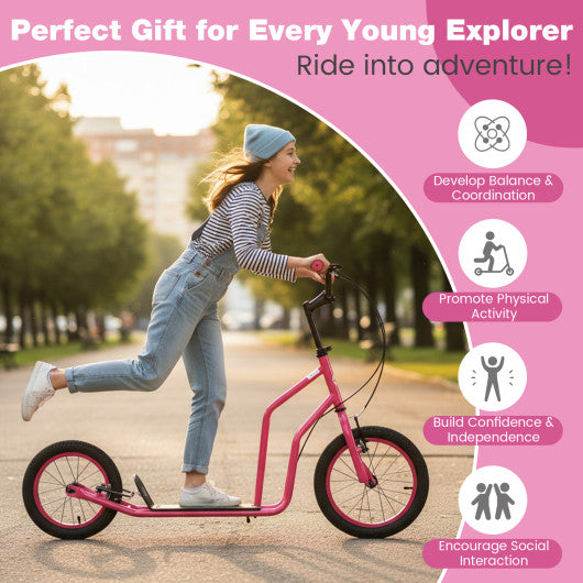 Youth Scooter with Adjustable Handlebar and 16/14-Inch Inflatable Wheels for Age 8+ Years Old-Pink