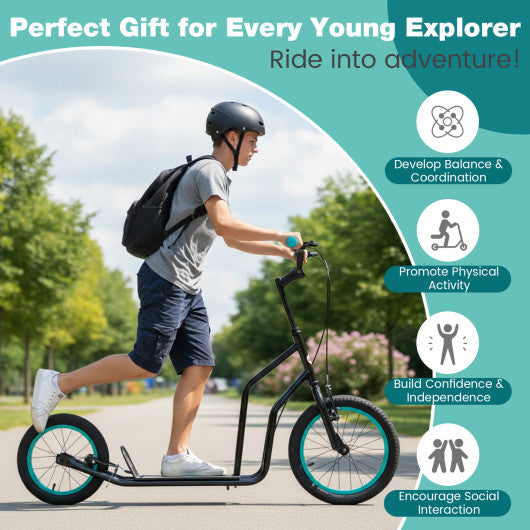 Youth Scooter with Adjustable Handlebar and 16/14-Inch Inflatable Wheels for Age 8+ Years Old-Black