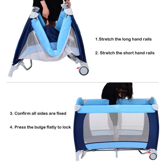 Foldable Baby Crib Playpen with Mosquito Net and Bag-Blue