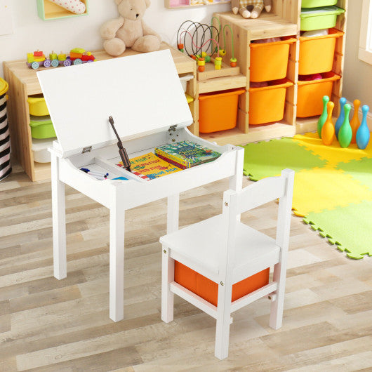 Flip-Top Wood Kids Activity Table and Chair Set with Hidden Storage Space-White