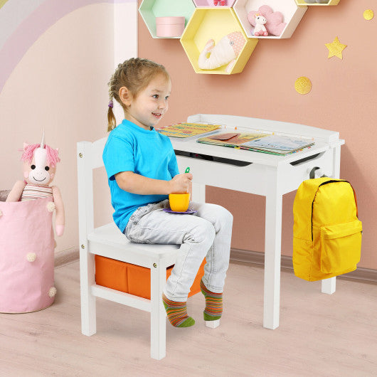 Flip-Top Wood Kids Activity Table and Chair Set with Hidden Storage Space-White