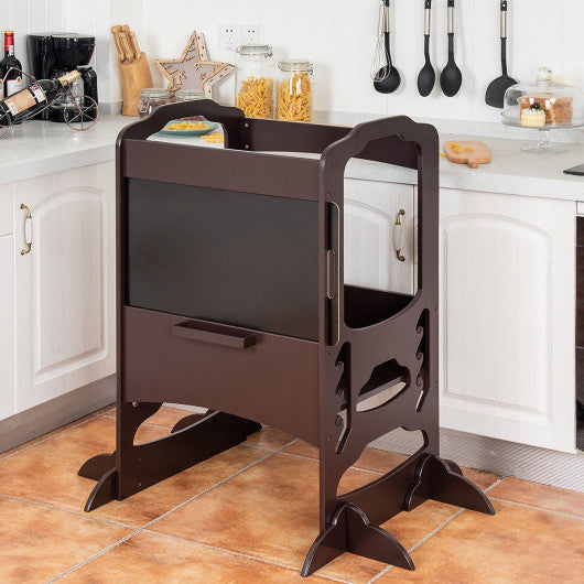 Kids Height Adjustable Kitchen Step Stool Toddlers Kitchen Helper w/ Chalkboard-Coffee