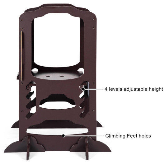 Kids Height Adjustable Kitchen Step Stool Toddlers Kitchen Helper w/ Chalkboard-Coffee