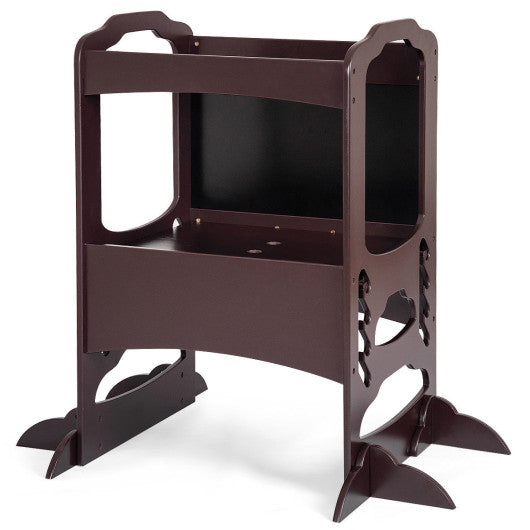 Kids Height Adjustable Kitchen Step Stool Toddlers Kitchen Helper w/ Chalkboard-Coffee