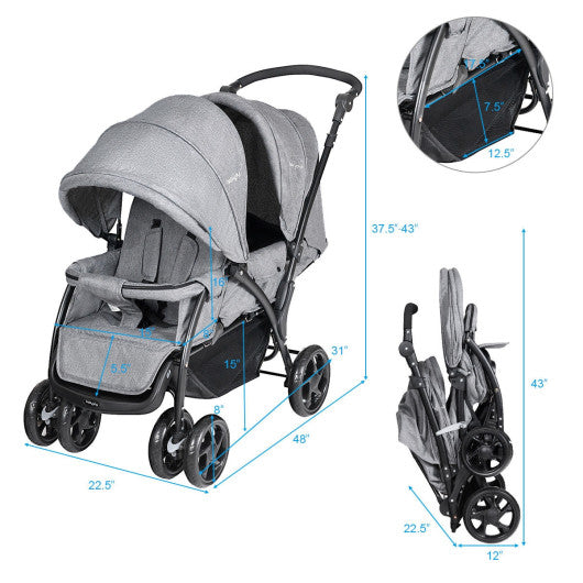 Foldable Lightweight Front Back Seats Double Baby Stroller-Gray