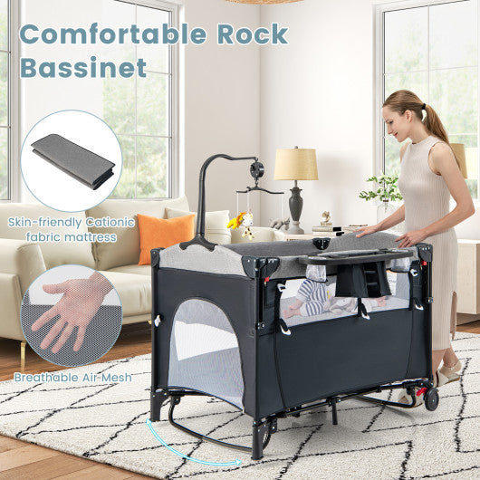 5-in-1 Baby Nursery Center Foldable Toddler Bedside Crib with Music Box-Black
