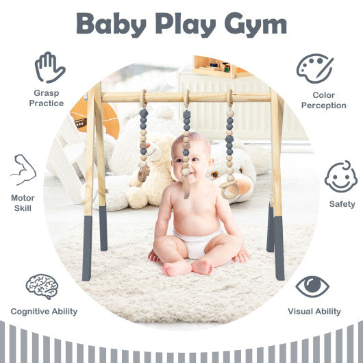 Portable 3 Wooden Newborn Baby Exercise Activity Gym Teething Toys Hanging Bar-Gray