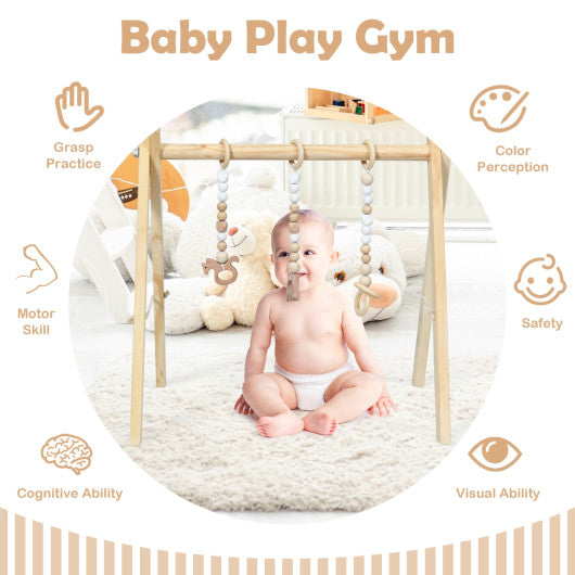 Portable 3 Wooden Newborn Baby Exercise Activity Gym Teething Toys Hanging Bar-Natural