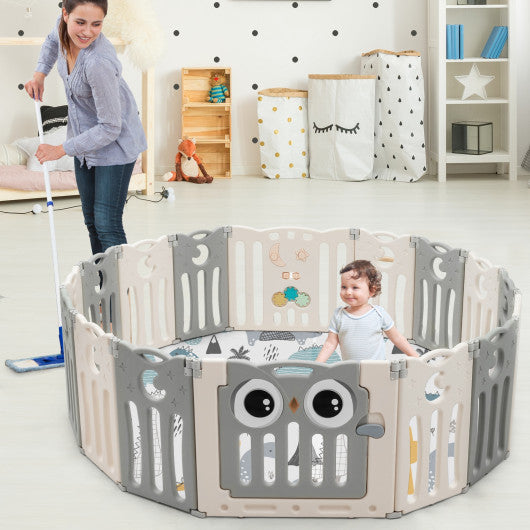 16-Panel Baby Activity Center Play Yard with Lock Door -Beige
