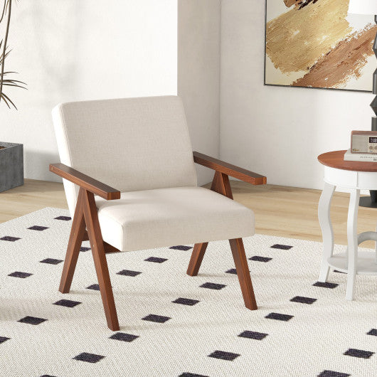 Modern Accent Chair Linen Fabric Armchair with Solid Acacia Wood Frame-Beige