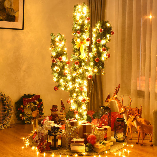 7 Feet Artificial Cactus PVC Christmas Tree with LED Lights and Ball Ornaments-7 ft